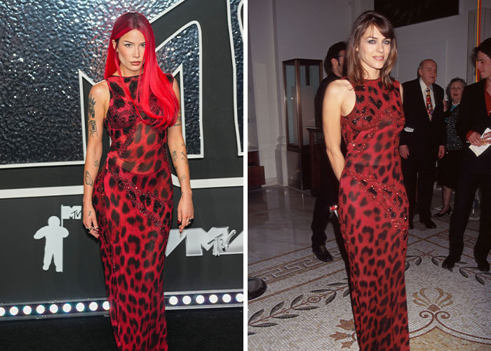 Celebrity in red leopard print dress, recreating iconic look from the past at MTV event.