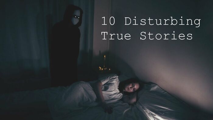 A person in bed with a dark figure standing nearby, illustrating a scary scene from true stories.