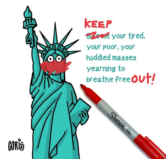 Cartoon illustrating everyday life with Statue of Liberty's message edited using a red marker.
