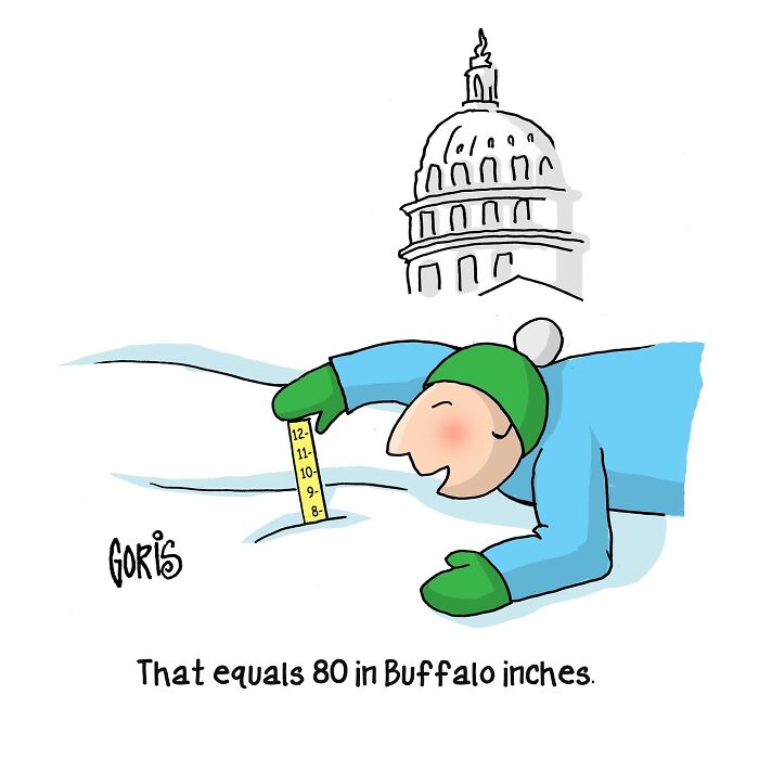 Cartoon on everyday life with a person measuring snow near a building, illustrating humor about snowfall.