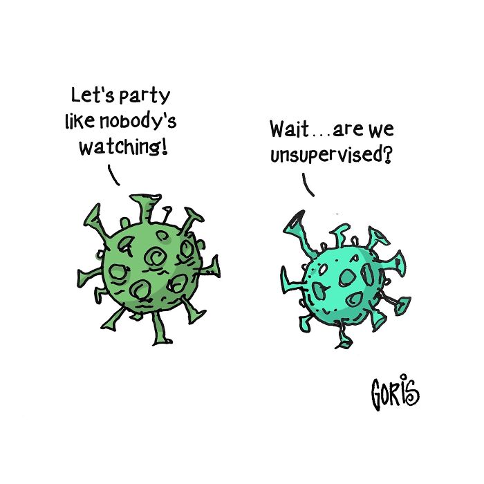 Cartoon of two virus characters discussing being unsupervised, illustrating everyday life and sensitive subjects.