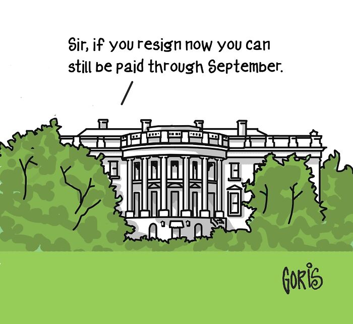 Cartoon illustrating sensitive topics with a political building and humorous resignation message.