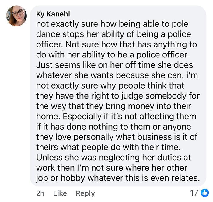 Comment defending NYPD officer's pole dance as unrelated to police duties.