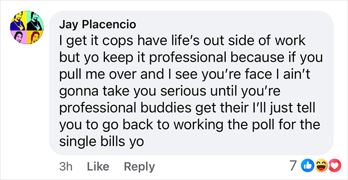 Facebook comment criticizing NYPD officer for unprofessional behavior after pole dance video.