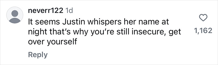 Comment on Hailey Bieber's lifestyle and marriage, referencing insecurity and whispers.