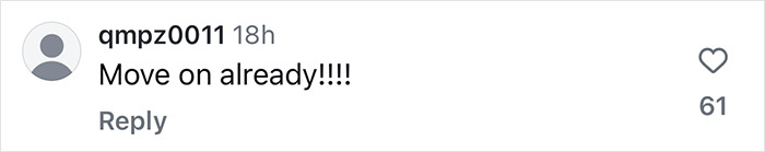 Comment on Hailey Bieber's lifestyle shoot, saying "Move on already!!!!", shows 61 likes and a heart icon.