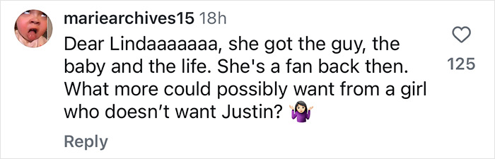 Comment discussing Hailey Bieber's healthy lifestyle and marriage, sparking debate.