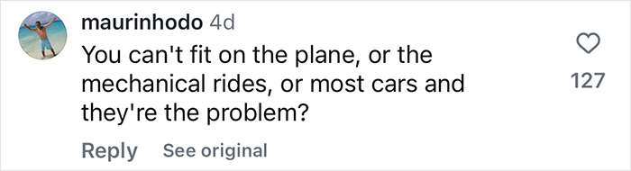 Comment about fitting into planes and cars, related to plus-size and vehicle seat size. Comment about fitting into planes and cars, related to plus-size and vehicle seat size.