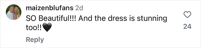 Comment praising Ivanka Trump's beauty and dress, with heart emoji and 24 likes. Comment praising Ivanka Trump's beauty and dress, with heart emoji and 24 likes.