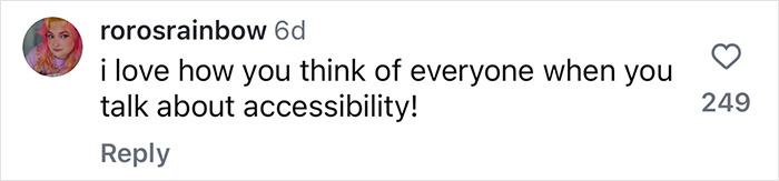 Comment praising accessibility efforts, empowering plus-size people in an inclusive community. Comment praising accessibility efforts, empowering plus-size people in an inclusive community.