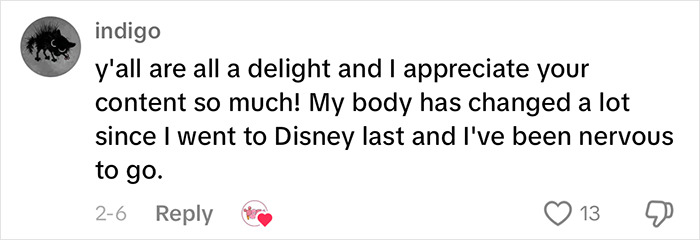 Comment expressing gratitude and empowerment for plus-size support in theme park visits. Comment expressing gratitude and empowerment for plus-size support in theme park visits.