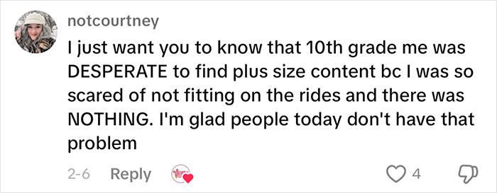 Comment highlighting empowerment for plus-size park hoppers, expressing relief over availability of plus-size content today. Comment highlighting empowerment for plus-size park hoppers, expressing relief over availability of plus-size content today.