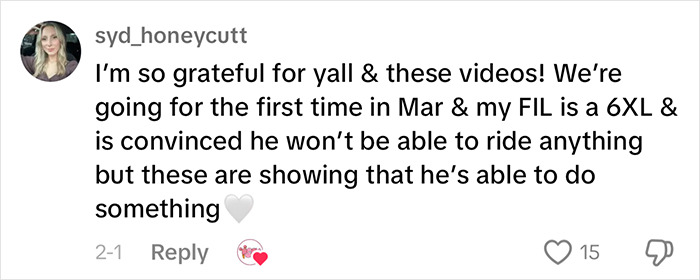 Comment praising plus-size park hoppers for empowering plus-size individuals worried about accessibility on rides. Comment praising plus-size park hoppers for empowering plus-size individuals worried about accessibility on rides.