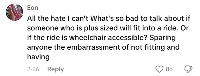 Comment discussing issues for plus-size people with accessibility on theme park rides, highlighting empowerment needs. Comment discussing issues for plus-size people with accessibility on theme park rides, highlighting empowerment needs.