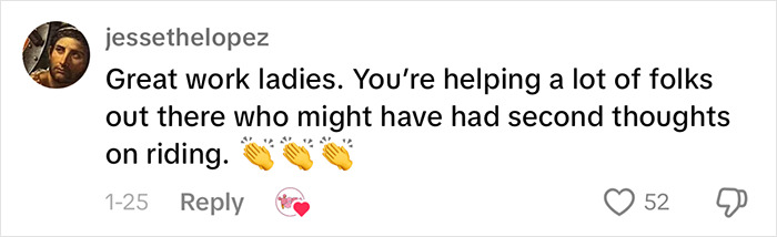 Comment praising empowerment for plus-size people by encouraging confidence in riding, with clapping emojis. Comment praising empowerment for plus-size people by encouraging confidence in riding, with clapping emojis.