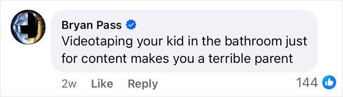 Comment criticizing a parent amid the "Rent A Private Jet" discussion about filming children for content. Comment criticizing a parent amid the "Rent A Private Jet" discussion about filming children for content.