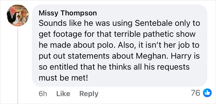 Comment about Meghan's polo event demands, discussing entitlement and role of Sentebale.