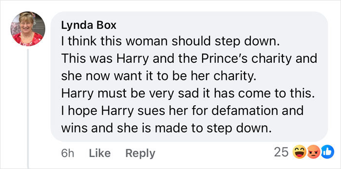 Comment criticizing charity leadership, mentioning Harry and Meghan.