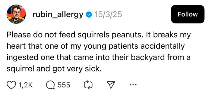 "Instagram post from rubin_allergy about the dangers of feeding squirrels peanuts. Engaging with readers through a personal story."