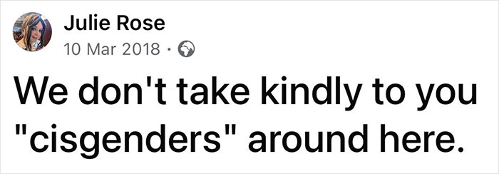 A screenshot of a Facebook post sharing a hot take about cisgenders, dated March 10, 2018.