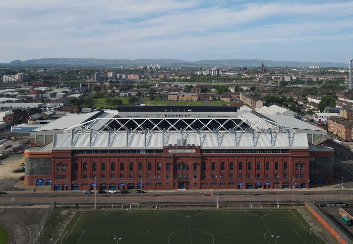 Aerial view of a historic soccer stadium known as one of the cathedrals of soccer where legends are born.