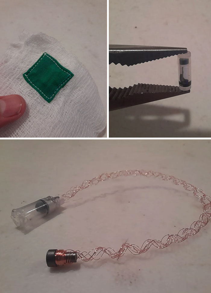 Weird object with a microchip and wire, found by someone curious, alongside a gauze with a green patch.