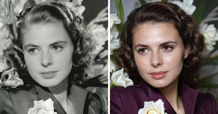 Art project: Bringing historical figures to life through side-by-side portraits with white flowers in the background.