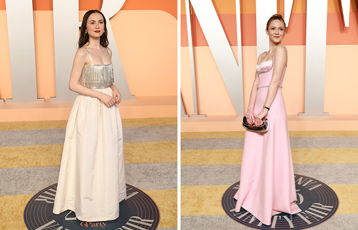Maude Apatow and Iris Apatow in elegant gowns at the Oscars after-party red carpet, embodying the nepo babies theme. Maude Apatow and Iris Apatow in elegant gowns at the Oscars after-party red carpet, embodying the nepo babies theme.