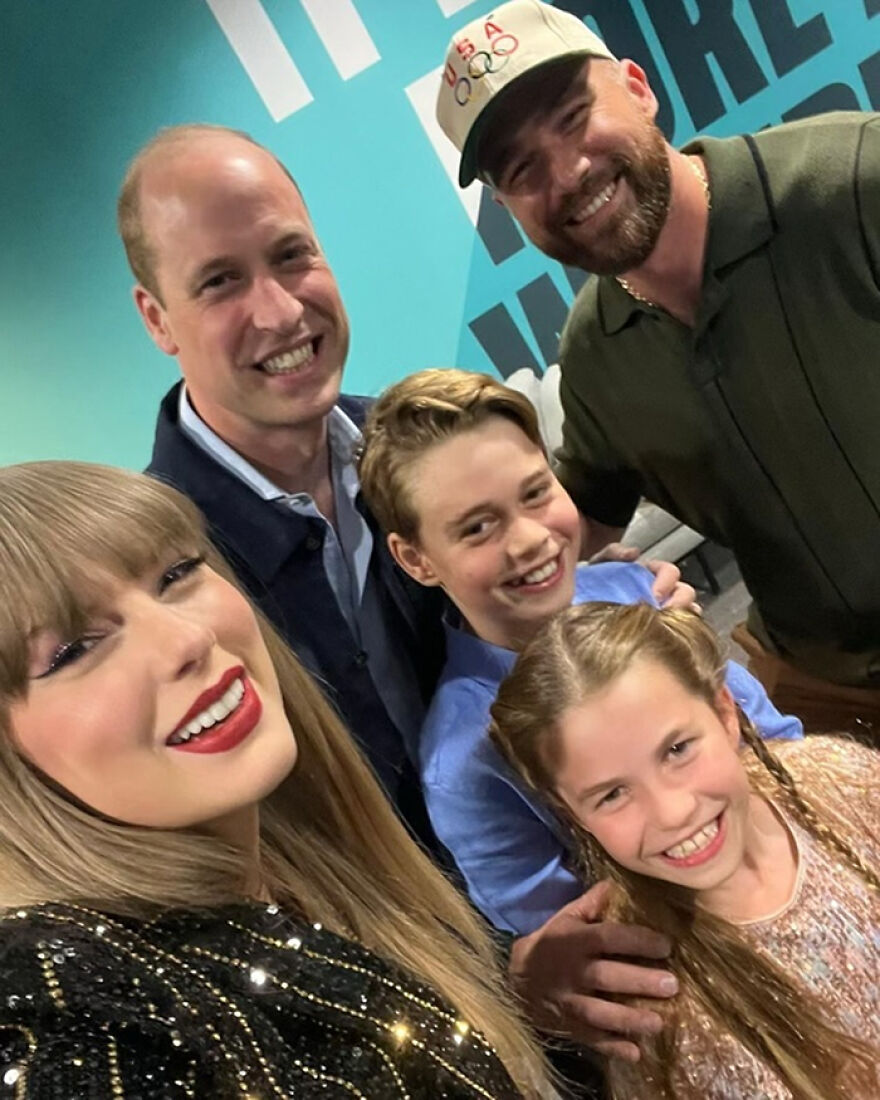 "Group selfie with Taylor Swift in a sparkly outfit, sparking engagement speculation among fans and insiders.