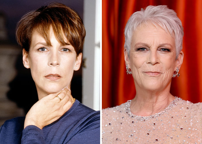 Two images of a celebrity before and after regretted plastic surgery decisions.