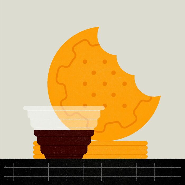 Minimalist editorial illustration by Jardel Vieira, featuring a bitten cookie and layered cups on a checked surface.