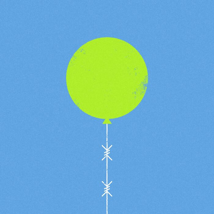 Minimalist editorial illustration of a green balloon with barbed wire string on a blue background.