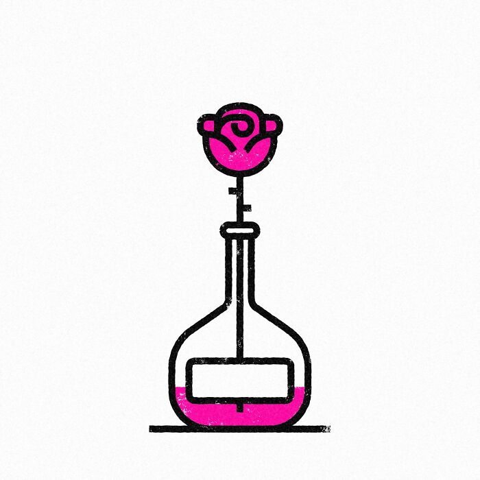 Minimalist illustration by Jardel Vieira of a pink rose growing from a flask.
