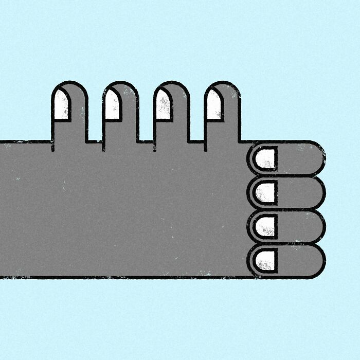 Minimalist editorial illustration of a stylized hand with protruding fingers on a light blue background.