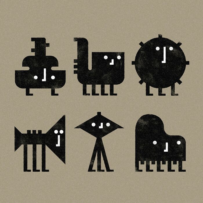 Minimalist editorial illustrations by Jardel Vieira featuring abstract black shapes on a light background.