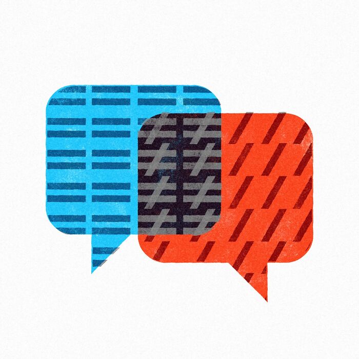 Minimalist editorial illustration by Jardel Vieira featuring patterned speech bubbles in blue and red.