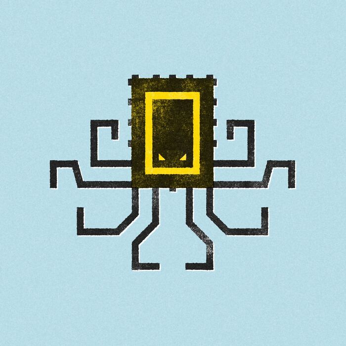 Minimalist editorial illustration by Jardel Vieira featuring an abstract design with geometric and circuit-like elements.