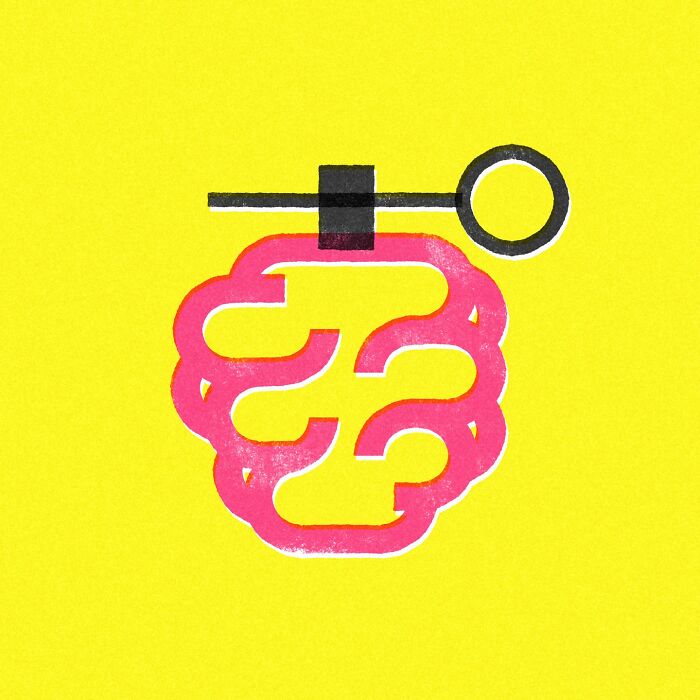 Minimalist illustration by Jardel Vieira, featuring a pink brain and a key on a bright yellow background.