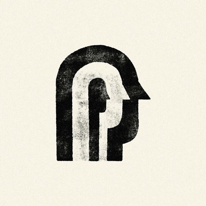 Minimalist editorial illustration by Jardel Vieira, featuring abstract overlapping human profiles in black and white.