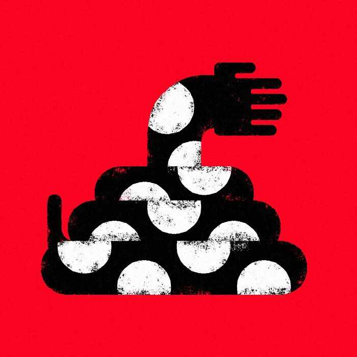 Minimalist editorial illustration by Jardel Vieira featuring abstract shapes on a red background.