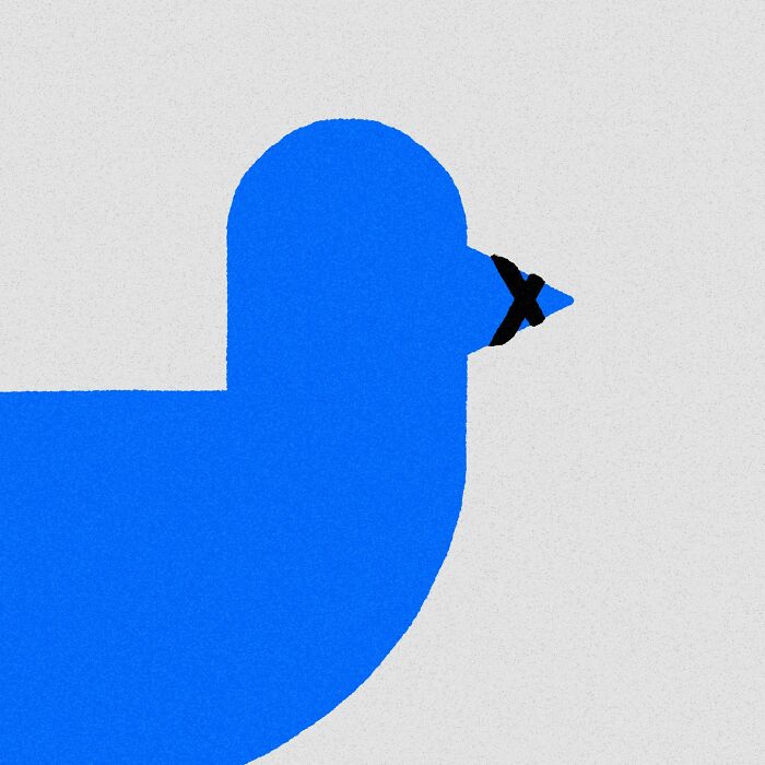 Minimalist blue bird illustration with an X on the beak by Jardel Vieira.