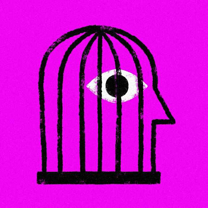Minimalist editorial illustration by Jardel Vieira featuring a head-shaped cage with an eye inside on a vibrant pink background.