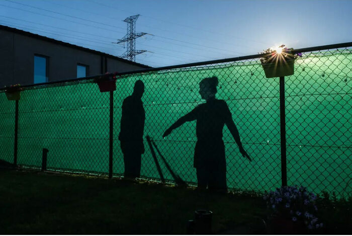 Silhouettes cast on a fence, capturing the absurd human condition at sunset by a Belgian photographer.