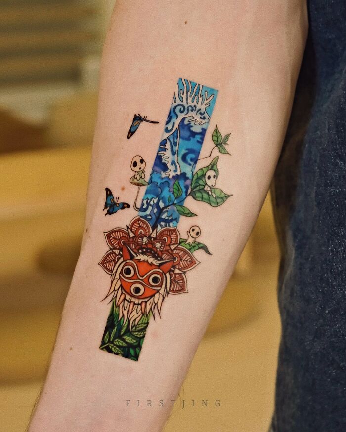 Fine-line tattoo featuring colorful, dreamy elements on a forearm.