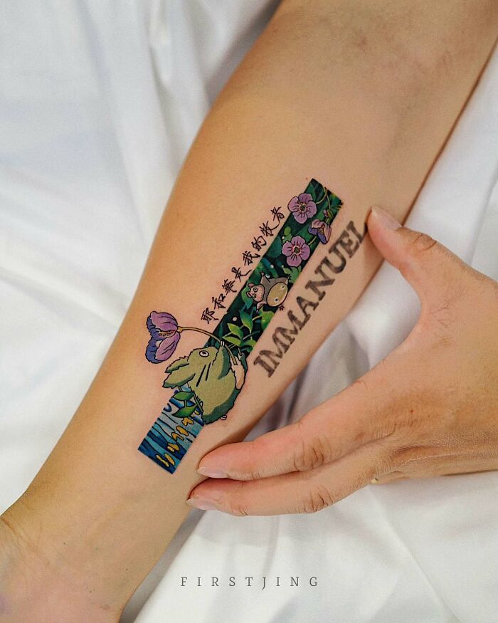 Fine-line tattoo featuring whimsical nature scene and text on an arm.