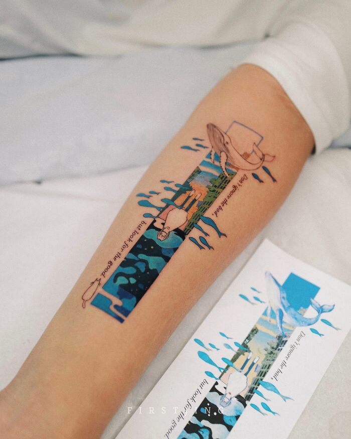 Fine-line tattoo on arm featuring a dreamy setting with whales and waves.