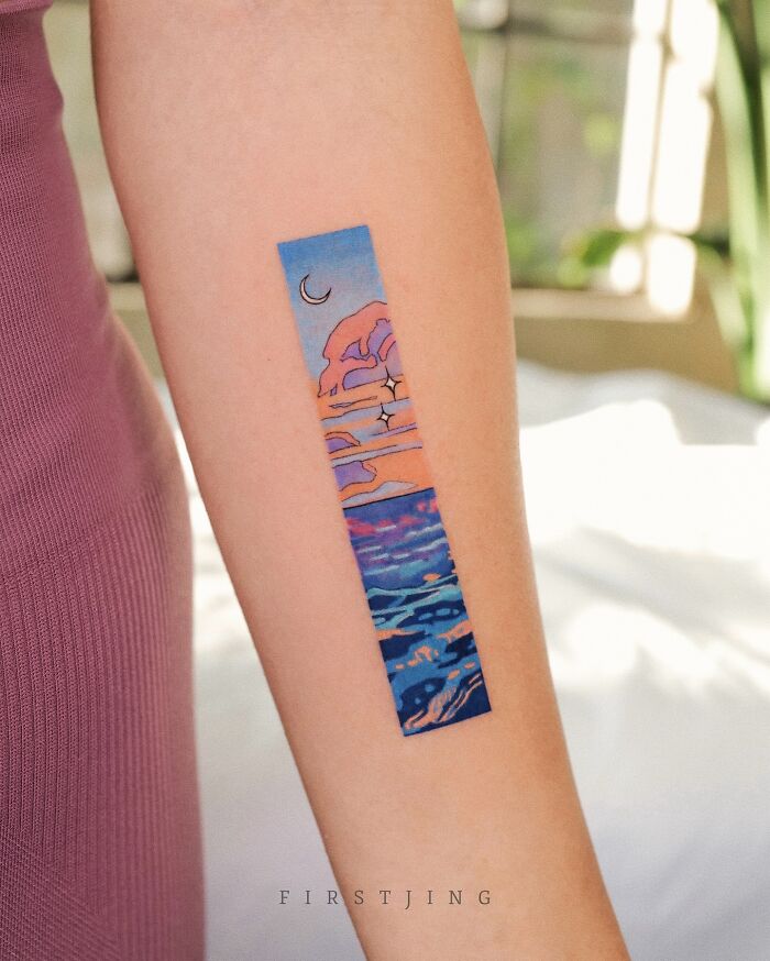 Fine-line tattoo of a dreamy landscape with a crescent moon and clouds on an arm.
