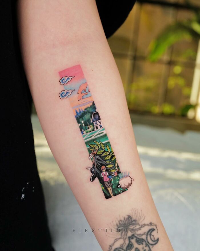 Fine-line tattoo on forearm with dreamy settings, featuring colorful landscape and skies.
