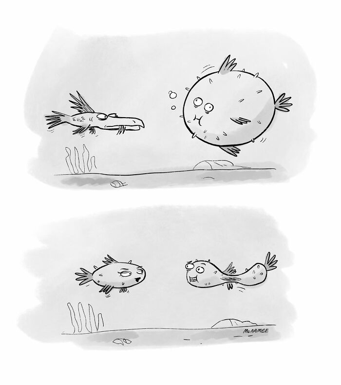 Comic illustration of two fish in a funny, twisted situation underwater.