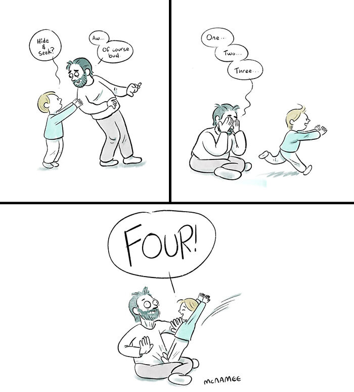 Comic illustration of a funny hide and seek game with a child and adult, ending in surprise and laughter.